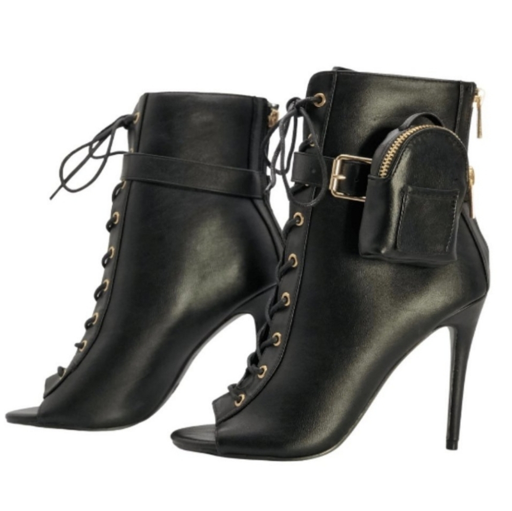 Fashion Nova PEEP TOE BOOTIES--BLACK LACE UP--Size 8 Women- Brand New